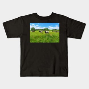 A herd of Holstein Friesian cows grazing on a pasture under blue cloudy sky Kids T-Shirt